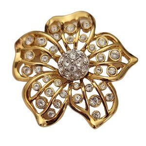 Swarovski Swan Loo Gold Tone Clear Crystal Pave Ball Open Flower Brooch Pin E776
